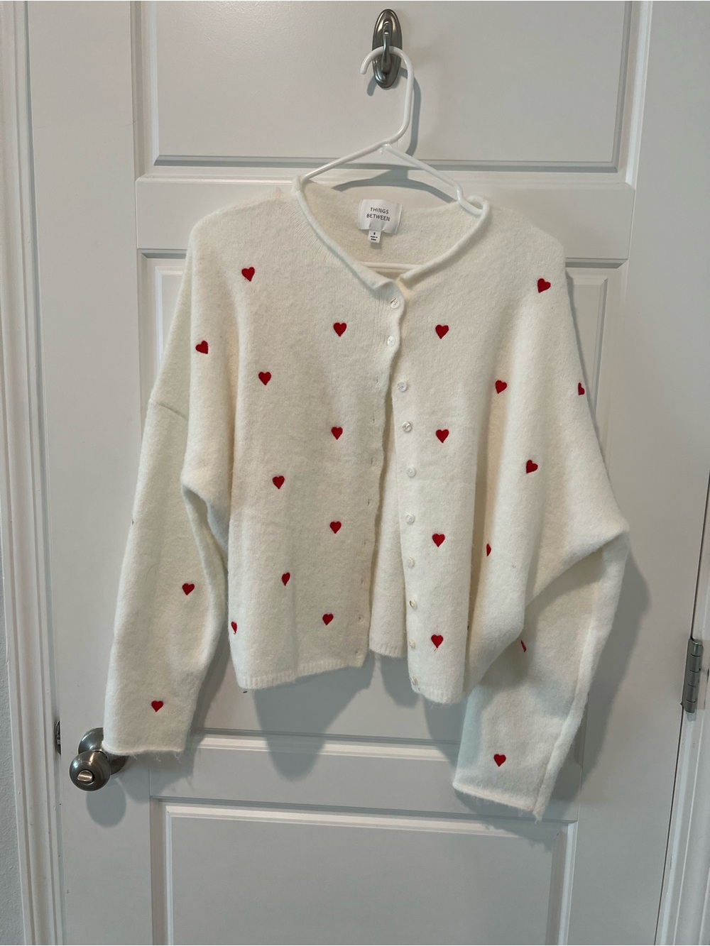 White Heart Knit Button-Up Cardigan